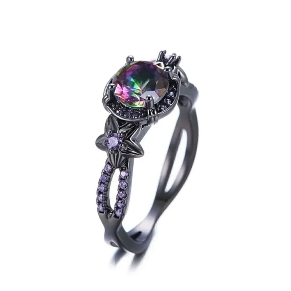 Star Black gun metal with iridescent rhinestone ring - size 8